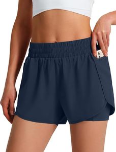 Shorts de sport 2-en-1 pour femmes, taille haute, coupe régulière, séchage rapide, légers, avec doublure et poches pour téléphone – Vente en gros - Product Image 2