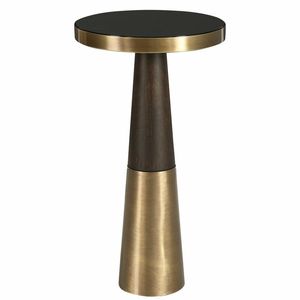 Solum Brass Top Mixed-Material Accent Stand Textured Gold Disc & <b>Rustic</b> Wood Column <b>Table</b> for High-End Decor - Product Image 4