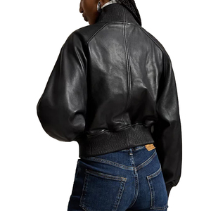 Blouson aviateur en cuir véritable pour femme, fermeture éclair bidirectionnelle, col montant en maille côtelée, manches raglan, poignets et ourlet doublés en cupro, personnalisable OEM, noir, collection automne - Product Image 3