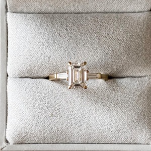 Emerald Cut 2.90 CT Three <b>Stone</b> <b>Ring</b> 925 Silver 14K Yellow Gold Plated Baguette Side Stones 4 Claw Setting Engagement Jewelry - Product Image 4