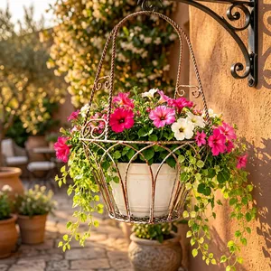 Panier suspendu vintage en métal avec poignée à motifs décoratifs et support de pot de fleurs en fer décoratif pour balcon - Product Image 5