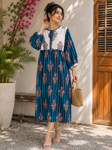 Robe midi bohème à rayures florales avec manches lanternes, col noué, coupe ample, 100% coton tissé, robe décontractée d'été - Product Image 1