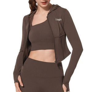Veste à capuche zippée courte pour femme, coupe ajustée, avec trous pour les pouces, manches longues, pour le sport, le yoga, vêtements de sport, logo personnalisé, vente en gros, OEM disponible - Product Image 2