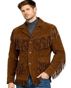 Men's Brown <b>Suede</b> Fringe <b>Leather</b> <b>Jacket</b> Turn-down Collar Casual Autumn Style Regular Fit Single Breasted - Product Image 1