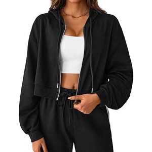 <b>Women's</b> Cropped <b>Zip</b>-Up <b>Hoodie</b> Solid <b>Black</b> Drop-Shoulder Long Sleeve Knitted Cotton Autumn Casual Wear - Product Image 4