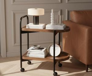 Modern Walnut Wood <b>Console</b> <b>Table</b> with <b>Black</b> Metal Frame and Wheels Minimalist Living Room Furniture - Product Image 1