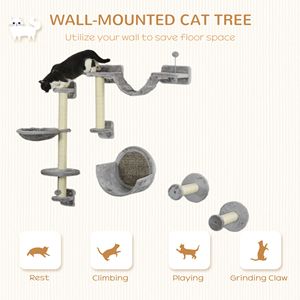 Set di 5 Mensole da Parete Ecologiche per Gatti con Amaca, Posti di Riposo e Scala Tiragraffi - Struttura per Arrampicata per Gatti in Confezione di Cartone - Product Image 4