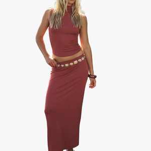 Women's <b>Full</b> Long <b>Skirt</b> Solid Color Knitted 2 Piece Set Sleeveless Turtleneck Crop Top Spandex Polyester Sexy Women <b>Maxi</b> <b>Skirts</b> - Product Image 1