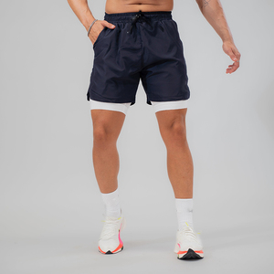Shorts de sport pour homme bleu foncé 2 en 1, séchage rapide, respirant, coupe-vent, avec cordon de serrage, shorts de sport actifs - Product Image 2