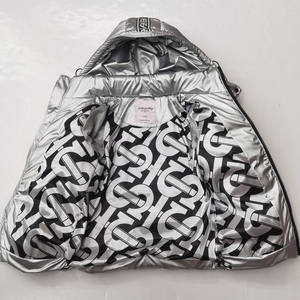 Silver Hooded Puffer <b>Jacket</b> Zipper Closure Windproof Thick Winter Coat Unisex Casual Solid Color Embroidery Logo Front - Product Image 3