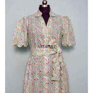 Robe longue trapèze en pur coton pour femme, imprimée à la main motif floral, style décontracté et élégant, idéale pour le quotidien et les fêtes, lavable, coupe simple et confortable. - Product Image 4