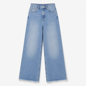 Vaqueros de mujer de cintura alta, lavado claro, pierna ancha, teñidos, con dobladillo, corte regular, 100% algodón, estilo casual urbano, ecológicos - Product Image 1