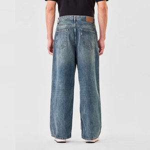 Jean décontracté pour homme taille haute en coton délavé coupe large, poids moyen, devant plat, fermeture boutonnée, style automne - Product Image 3