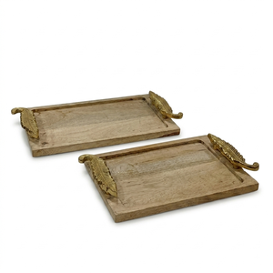 Bandeja Rectangular de Madera para Servir con Asas de Metal con Diseño de Plumas, Plato Rústico de Madera de Mango para Comida, Venta al por Mayor - Product Image 1