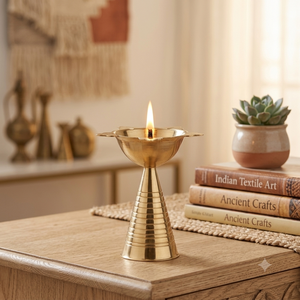 Tall Conical Ribbed Stand Brass Diya Traditional Indian Pooja Oil <b>Lamp</b> <b>Antique</b> Gold Finish Home Temple Decor Wholesale Suppliers - Product Image 3