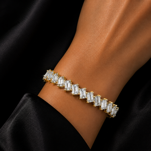 Emerald Cut Lab Grown Diamond Tennis <b>Bracelet</b> Prong Set DEF VVS 14K Yellow Gold Classic Bridal Wedding Fine Jewelry for Women - Product Image 2