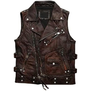 Gilet de motard vintage marron en cuir véritable pour homme, veste asymétrique à fermeture éclair, style punk, fabricant OEM - Product Image 2