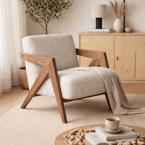 Fauteuil en bois moderne avec structure géométrique et revêtement beige, chaise de salon style mid-century, pieds en bois massif - Product Image 4