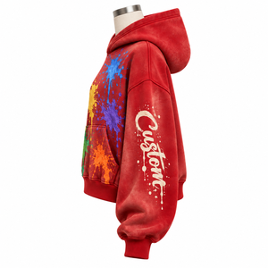Custom Embroidered Floral Pocket Oversized <b>Crop</b> Long Sleeve Hoodie Red Unisex Casual 100% Cotton Fleece <b>Sweatshirt</b> Autumn Wear - Product Image 5