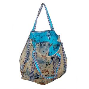 Striped Quilted 100% Pure Cotton Fabric Long Handle Travel Beach Tote <b>Bag</b> for Women Summer Groceries & Shopping - Product Image 3