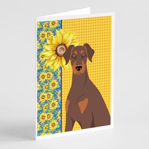 Tournesols d'été Doberman Pinscher Cartes de vœux Pack 8 Whimsical A7 Taille 5x7 Cartes vierges Red Tan Ear Natural Sunflowers - Product Image 1