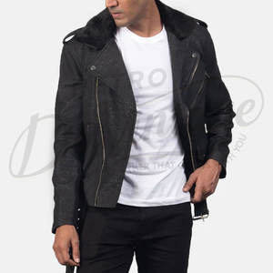 Chaqueta de cuero negra para hombre, estilo motero, de piel de oveja auténtica, con cremallera asimétrica y cuello de piel sintética extraíble. - Product Image 2