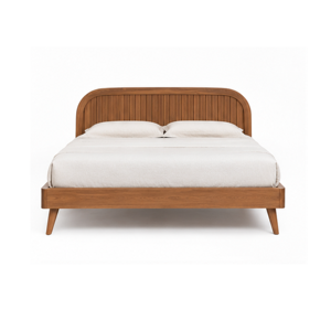 Solid Teak Wood Platform Bed Modern Wooden Bed Frame with Curved Slatted <b>Headboard</b> for King <b>Queen</b> Bedroom - Product Image 2