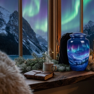 Blue Aluminum Cremation Urn Ashes <b>Memorial</b> <b>Keepsake</b> Vase Aurora Mountain Design for Adult Burial Decoration - Product Image 3
