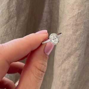 Custom Oval Cut Lab Diamond Engagement <b>Rings</b> 14K 18K Solid Gold Halo With Pave Band Modern Bridal Bands Gift For Women Wholesale - Product Image 6
