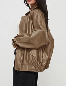 Women's PU Leather Bomber Jacket Full Sleeve <b>Zipper</b> Closure Turn-down Collar Autumn Style Solid Color Regular Fit - Product Image 6