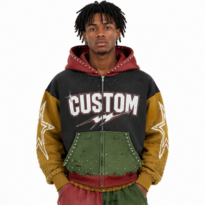 Sweat à capuche unisexe personnalisé épais à double capuche avec clous et imprimé étoiles déchirées, style Y2K vintage, color block, zippé, OEM ODM - Product Image 3