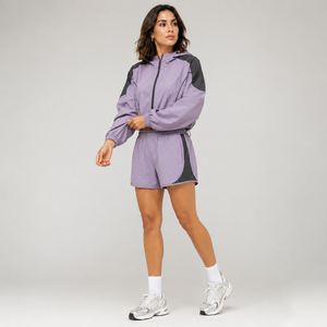 Ensemble de veste et short de sport pour femmes, couleur violette, à blocs de couleur, à capuche, coupe ample, respirant, printemps-été, tenue sportive deux pièces - Product Image 2