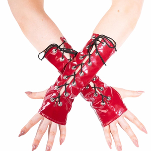 Red PU Wrist-Length <b>Gloves</b> <b>With</b> Lace-Up Design Punk Style For Party Wear - Product Image 6