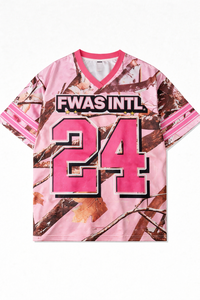 Vente en gros de maillots de football américain unisexes rose camouflage, personnalisés, en polyester respirant, sublimation, streetwear, t-shirts à col en V - Product Image 2