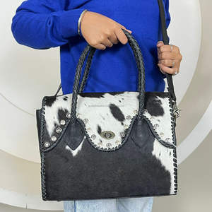 New Premium Designer Genuine Cowhide Leather Handbag for Women High-Quality <b>Hair</b>-On Hide Purse with <b>Braided</b> Handles - Product Image 4