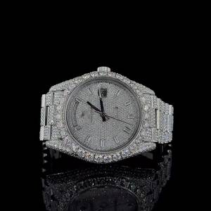 Montre de luxe Ice Cubed en moissanite, quartz, bracelet en acier inoxydable, chiffres romains, cadran analogique 10 mm, verre, unisexe, pour soirée - Product Image 1