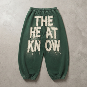 Distressed Embroidered Woolen High Waist <b>Drawstring</b> Sweatpants Men's Vintage Straight Leg Winter Washed Jogger - Product Image 2