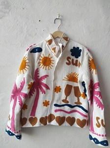 Chaqueta Corta de Algodón Estilo Bohemio Suzani, Bordado Colorido con Sol, Corazón y Palmera, Ropa Exterior Casual para Mujer - Product Image 3