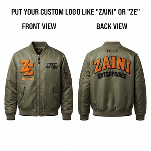 Chaqueta Bomber Cortavientos de Poliéster Satinado Premium de 220 GSM, Color Verde Oliva, con Logotipo Personalizado, Parche de Chenilla Bordado, Unisex, Privado - Product Image 1