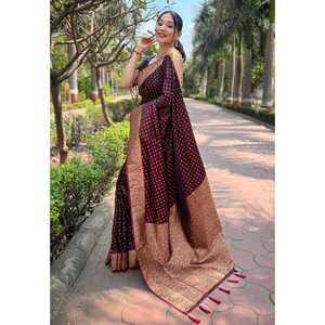 Dark <b>Maroon</b> Banarasi Katan Silk <b>Saree</b> with Zari Woven Indian & Pakistani Clothing - Product Image 1
