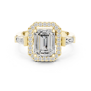 Anillo de compromiso y boda con halo de oro macizo de 14k, esmeralda de 2 quilates certificada por IGI y diamantes de laboratorio con corte baguette cónico para mujer - Product Image 1