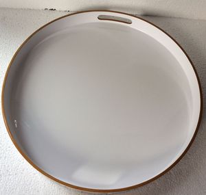 White Lacquer Round Tray with Brown Rim Modern Design Durable Serving Tray for Home Decoration - Product Image 2