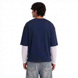 Double <b>Layered</b> Boxy T Shirt Men Double Long Sleeve T-Shirts O Neck Cotton Jersey Tee <b>Top</b> Long Sleeve Embroidered Sportswear Tee - Product Image 3