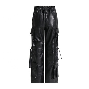 <b>Men's</b> High Waist PU Leather Cargo Pants With Multiple Pockets Workwear Style Elastic Waist <b>Black</b> Color - Product Image 3