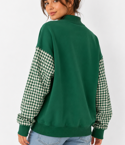 Sudadera personalizada para mujer con cuello simulado, mangas con patchwork de guinga, letras bordadas y apliques, estilo holgado, fabricante - Product Image 3