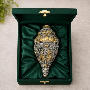 หอยสังข์แกะสลักลายพระพิฆเนศ ขนาด 8 นิ้ว สองเสียง สำหรับตกแต่งบ้าน - Product Image 1