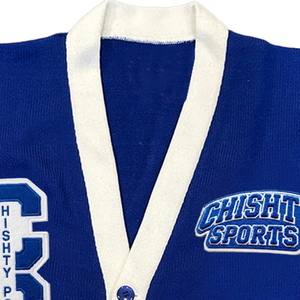 Custom Royal Blue Button Cardigan Sweater Chenille Patch Logo Embroidery <b>White</b> Contrast Pocket Trim 3 Stripe Sleeve Winter - Product Image 4