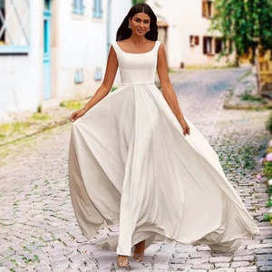 Vestido de Novia Elegante y Sencillo con Cuello en V, de Gasa, Sin Mangas, con Cola Capilla, Largo hasta el Suelo, con Cristales, Estilo Vintage, Personalizado para Mujer - Product Image 1