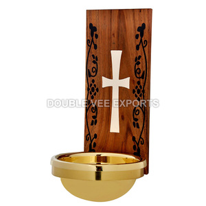 Fuente de Agua Bendita de Madera con Incrustaciones Negras y Cuenco de Latón |   Letrero Decorativo para Montar en la Pared – DOUBLE VEE EXPORTS - Product Image 2