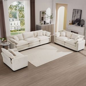 Set da Soggiorno in Corduroy Beige Chiaro a 3 Pezzi, Comodi Divani Oversize Singoli e Doppi - Product Image 2